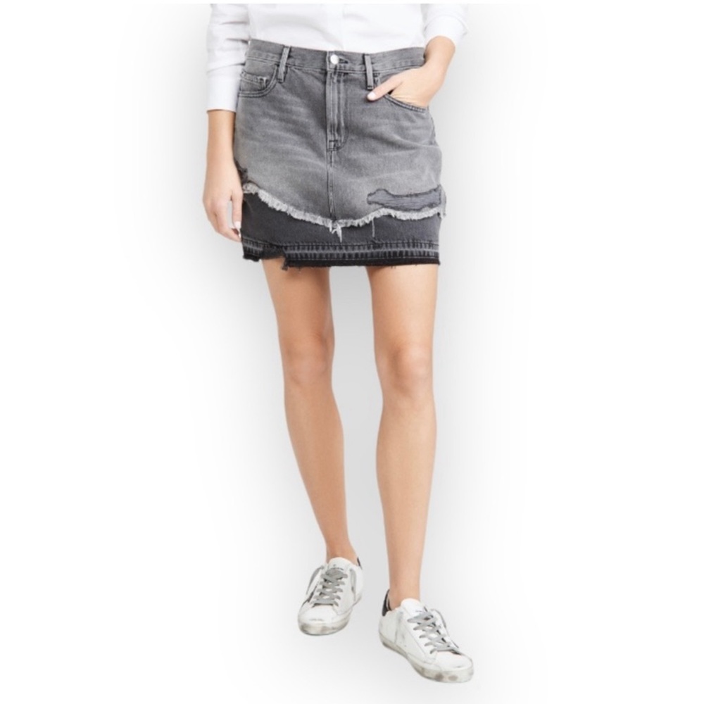 Frame Gray Black Tiered Denim Skirt Acera Rips